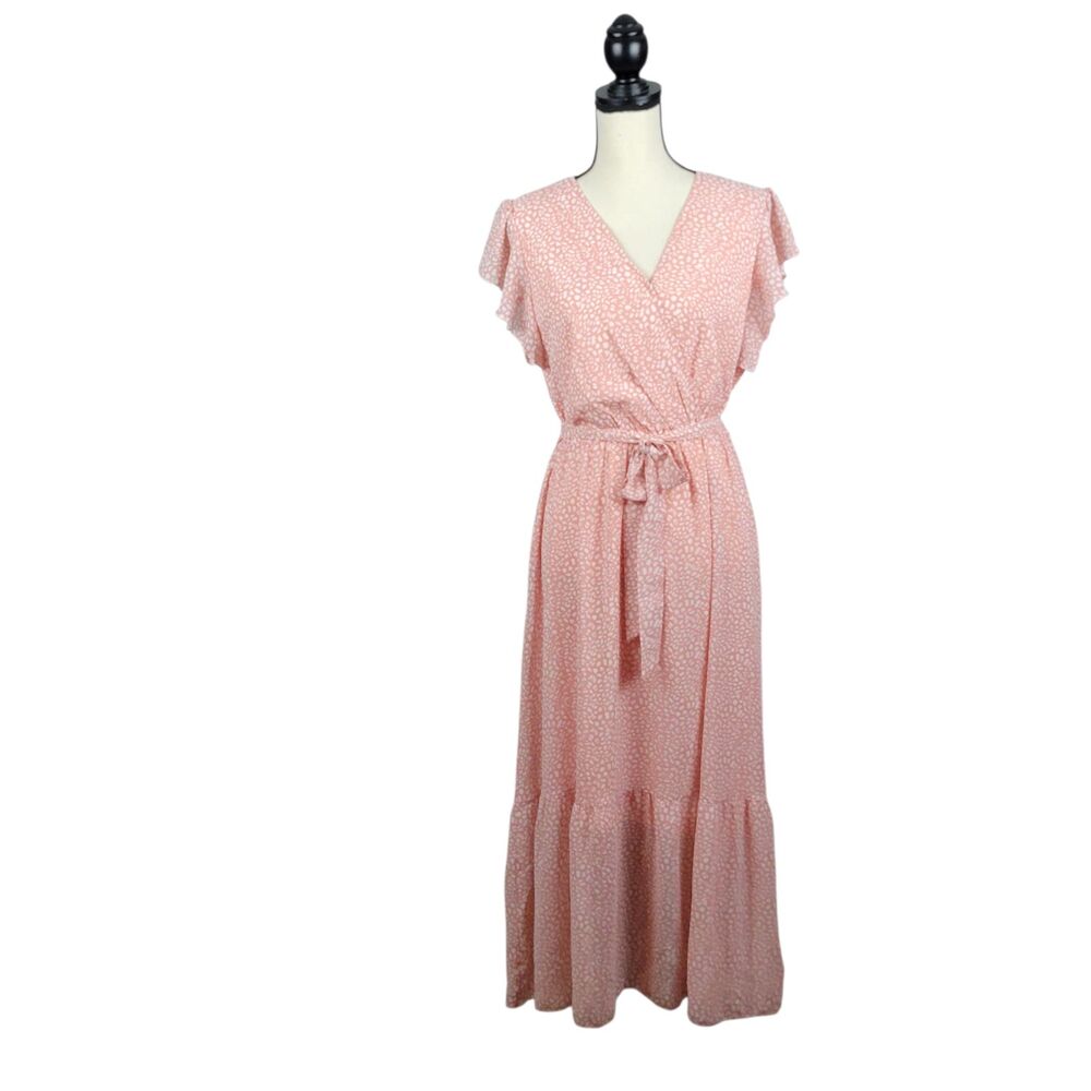 Fashion Floral Dress Flowy Ruffle Sleeve V Neck Faux Wrap Midi Belted size M